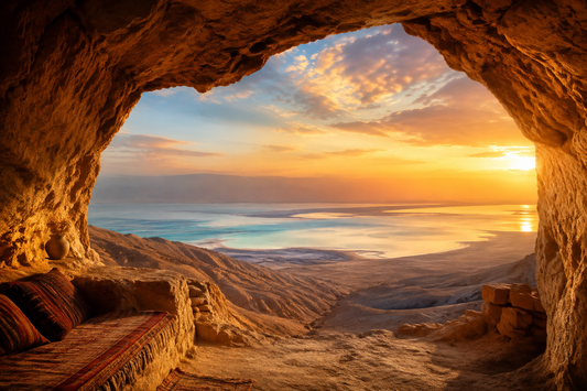 Sunset view of the Dead Sea from a Judean Desert cave