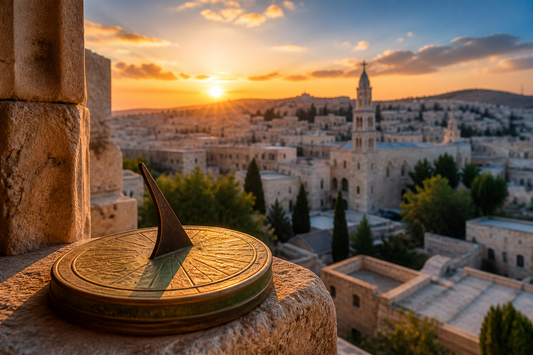 Sunset over Bethlehem with a historic sundial in the foreground