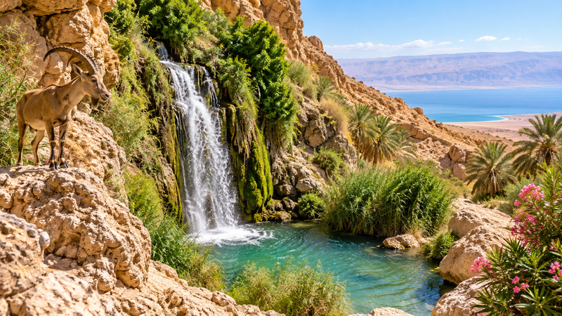 Nubian ibex beside an Ein Gedi waterfall overlooking the Dead Sea