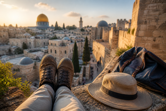 Walking shoes and travel gear overlooking Jerusalem Old City
