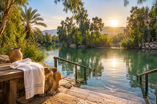 Jordan River baptism access at sunrise with a white robe ready beside the water