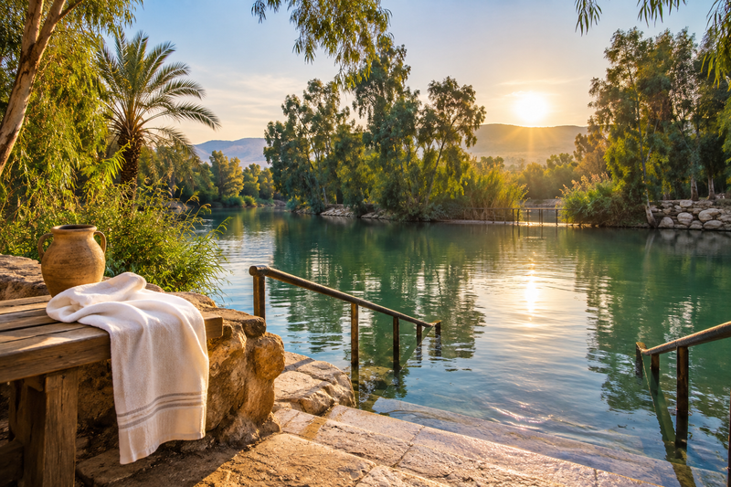 Jordan River baptism access at sunrise with a white robe ready beside the water