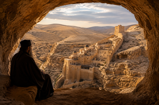 Orthodox monk looking toward Mar Saba Monastery from a desert cave